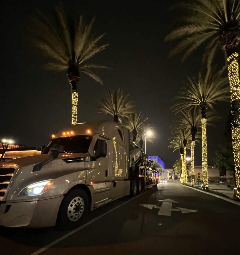 Car hauler truck under palm trees wrapped in holiday lights in Naples, Florida – snowbird auto transport service at night.
