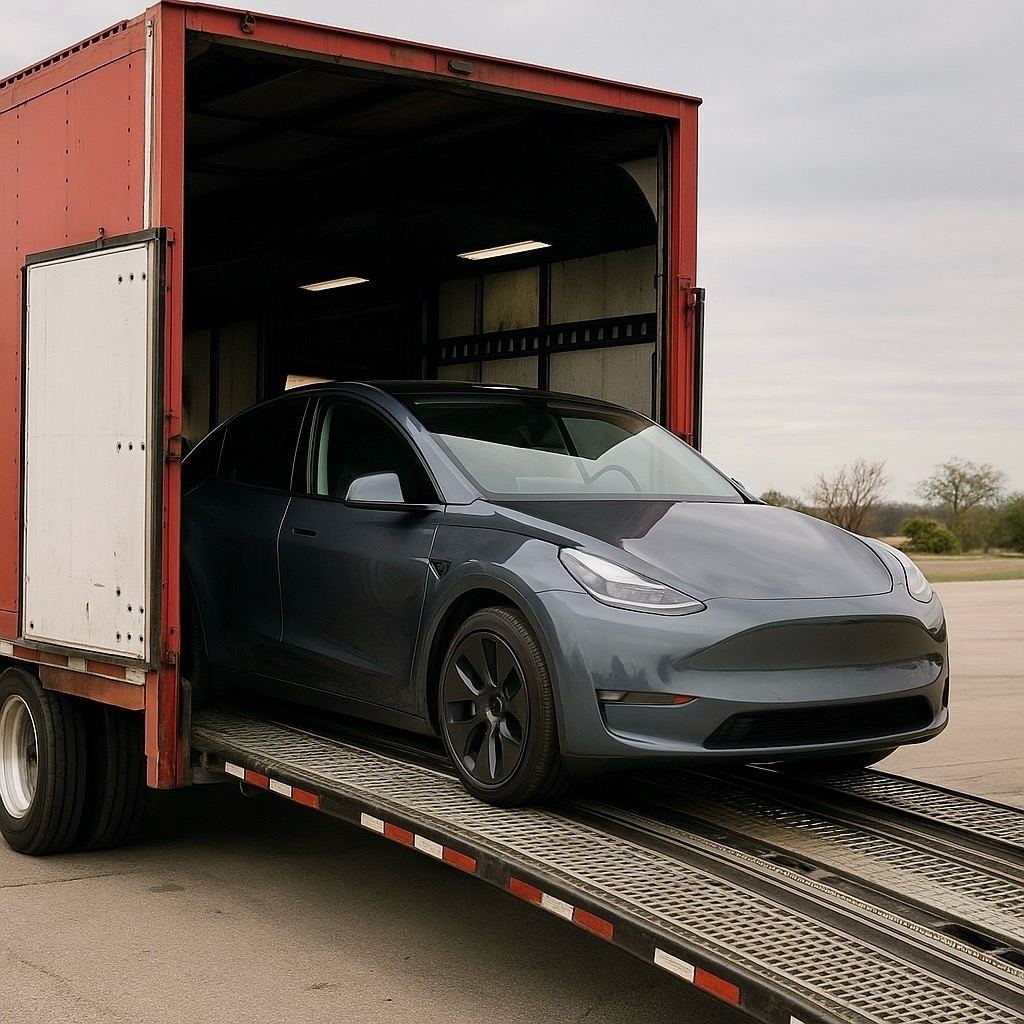 Tesla Model Y being carefully loaded into a red enclosed auto transport trailer by Autos On The Go, nationwide EV shipping experts.